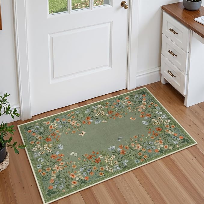 Lahome Boho Floral 2x3 Kitchen Rugs Green Door Mat Indoor Entrance,Machine Washable Small Bathroom Area Rug,Soft Non-Slip Indoor Carpet Throw Rugs for Entryway Laundry Bedside(Green,2x3)