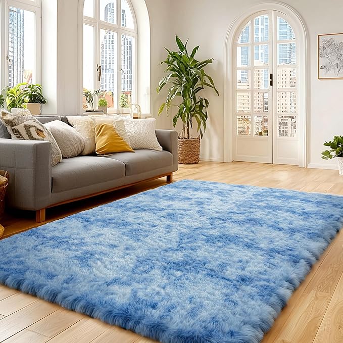 Andency Area Rugs 9x12 for Living Room Home Decor, Large Shaggy Bedroom Carpet, Non-Slip Big Shag Indoor Thick Soft Fluffy Furry Fur Area Rugs for Kids Dorm Nursery Aesthetic, Tie-Dyed Blue