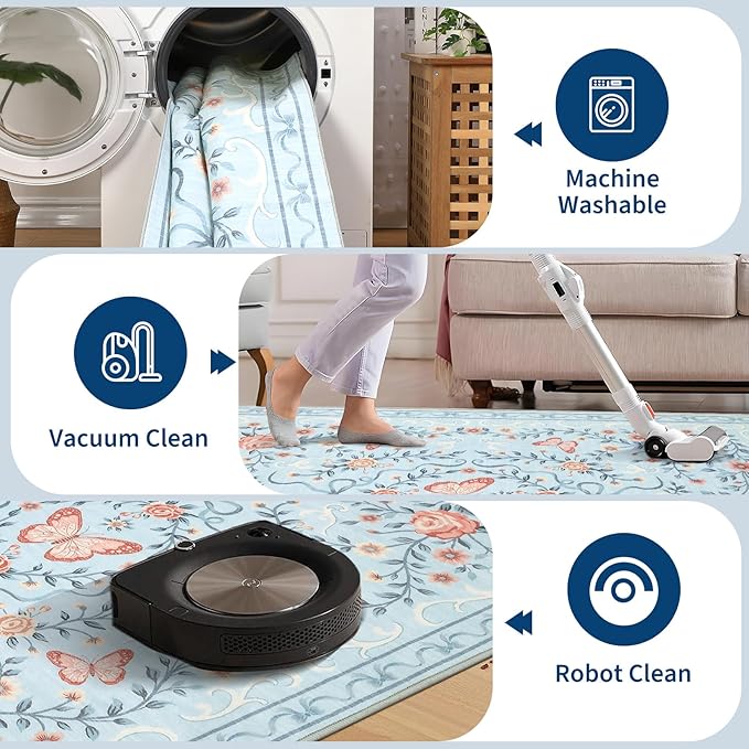 GarveeHome 8x10 Area Rugs for Living Room Washable Rugs Non Slip Stain Resistant Bedroom Floral Rugs Low Pile Soft Dining Room Throw Carpet Blue Bow Large Carpet for Home Office Decor, 8x10