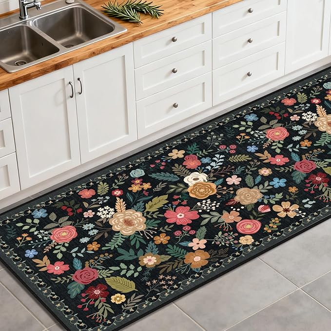 Washable 2'6" x 10' Runners for Hallways, Non Slip Long Floor Runner for Kitchen, Entryway Indoor, Stain Resistant Rubber Backing Floral Décor Rug (Black)
