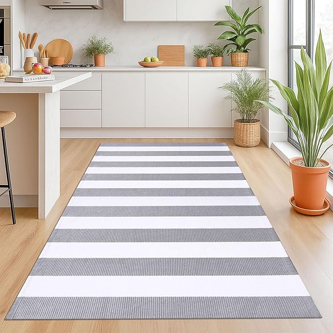 KOZYFLY Grey and White Striped Rug 4'x6' Indoor Outdoor Rug Cotton Hand-Woven Washable Striped Layered Doormats for Front Door/Kitchen/Farmhouse/Entryway/Patio