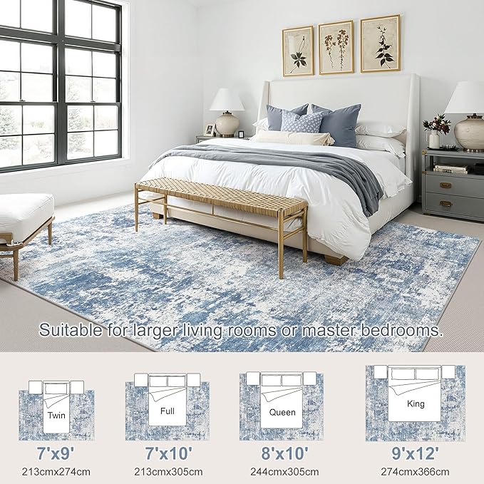 8x10 Area Living Room Rugs - Washable Neutral Modern Abstract Soft Thin Rug Indoor Floor No Slip Rug Carpet for Bedroom Under Dining Table Home Office Decor - Blue White