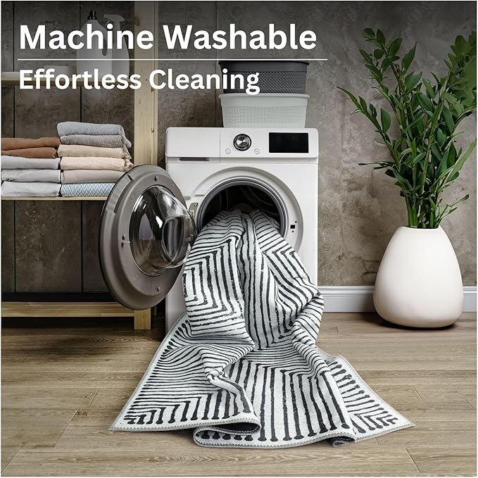 Bloom Rugs Washable Non-Slip 4' x 6' Rug - Black/Ivory Striped Area Rug for Living Room, Bedroom, Dining Room, and Kitchen - Exact Size: 4' x 6'
