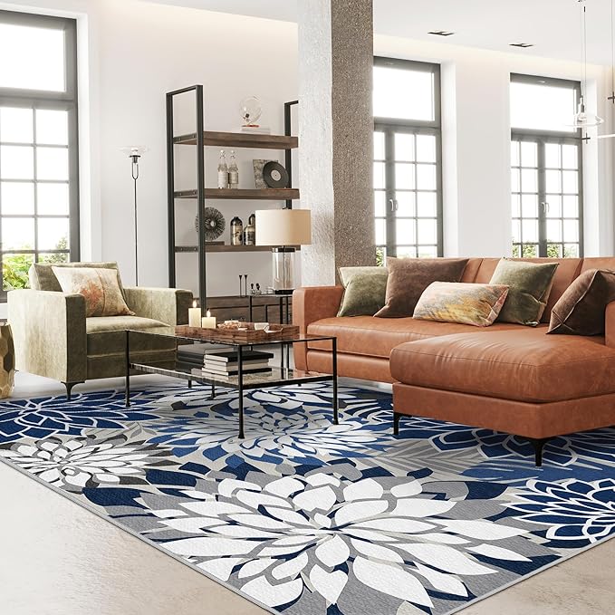Colorful 8x10 Outdoor Area Rug Washable Multicolored Patio Rug Tropical Botanical Floral Chenille Waterproof Outdoor Carpet Non-Slip for Deck, Backyard, Porch, Blue