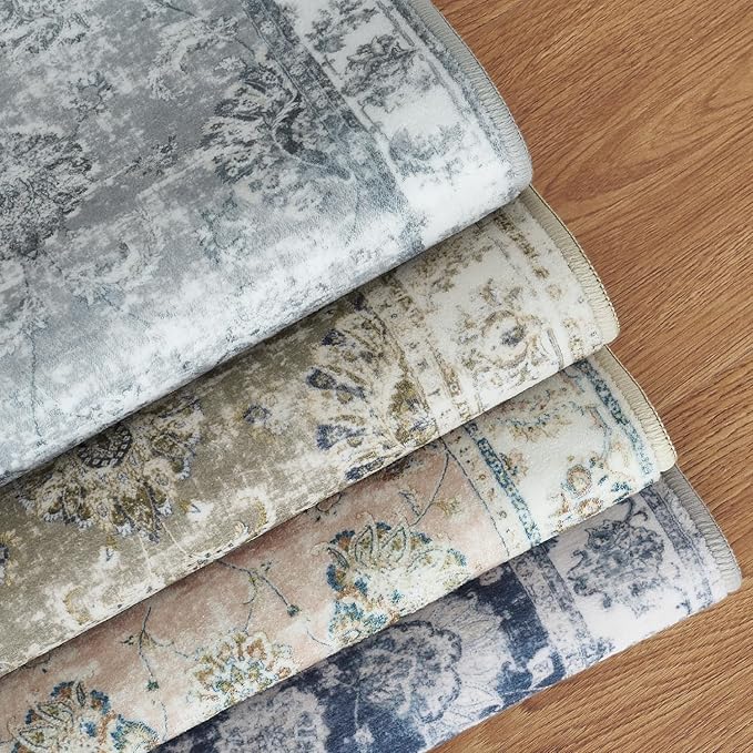 jinchan Fiora Hallway Runner Rug 3x10 Washable Runner - Vintage Floral Non Slip Low-Pile Soft Thin Faux Wool Kitchen Rug Distressed Carpet for Farmhouse Bedroom Laundry Room(3x10ft, Grey)