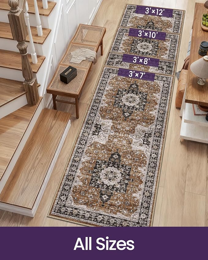 DEXI Hallway Runner Rug 3x10, Distressed Non Slip Runners Carpet, Boho Vintage Soft Thin Indoor Rug, Stain Resistant Washable Entry Mat for Entryway Kitchen Laundry Room Living Room, Brown