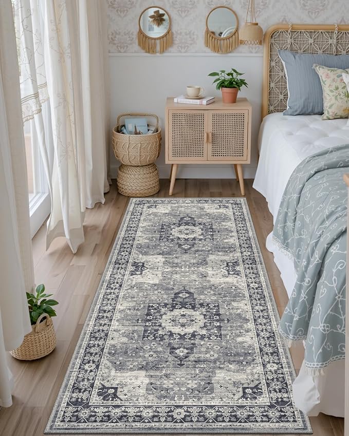 DEXI Hallway Runner Rug 3x10, Distressed Non Slip Runners Carpet, Boho Vintage Soft Thin Indoor Rug, Stain Resistant Washable Entry Mat for Entryway Kitchen Laundry Room Living Room, Blue Grey