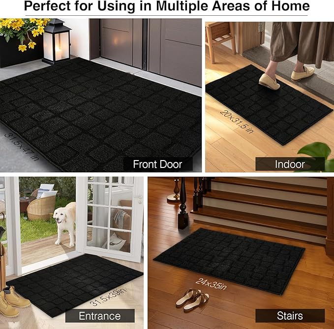 Front Door Mat Outside Entrance, Outdoor Indoor Door Mats for Entryway, Entrance, Entry, Patio, Waterproof Non Slip Doormat, Low-Profile, 20" × 31.5“, Black
