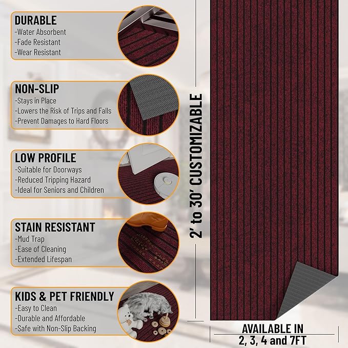 Ottomanson Mud Mat 2' x 2'7" Entryway Rug - Non-Slip Scraper Doormat for Muddy Paws, Dirt Trapping Indoor/Outdoor Mat for High-Traffic Areas, Kitchen, Garage, Patio, Red