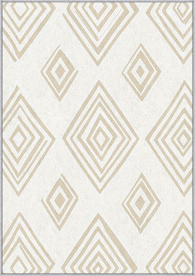Washable 6x6 Modern Geometric Rug Living Room, Beige Abstract Diamond Design Area Rugs for Bedroom, Modern Geometric Home Decor Carpet, Low Pile, Non Slip, Kids & Pet Friendly (N4183)
