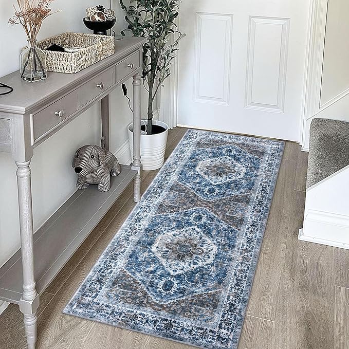 KOZYFLY Runners for Hallways 2x5 Ft Washable Kitchen Runner Rug Boho Runner Rug for Entryway Indoor Blue Printed Oriental Faux Wool Floor Carpet Runner for Laundry Room Kitchen Hall
