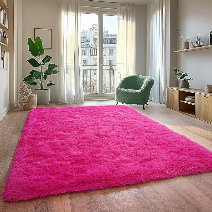 Shaggy Area Rugs, Hot Pink Fuzzy Rugs for Kids Bedroom, Soft Play Nursery Area Rug for Girls, Shag Area Rugs Non Slip, Fluffy Rug Carpet 8x10Ft