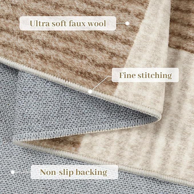 LIVEBOX 3x5 Washable Area Rug Checkered, Non-Slip Small Entryway Rug Brown Farmhouse Neutral Classic Geometric Boys Rug for Bedroom Room Low-Pile Carpet for Indoor Kitchen Bathroom(Brown 3'x5')