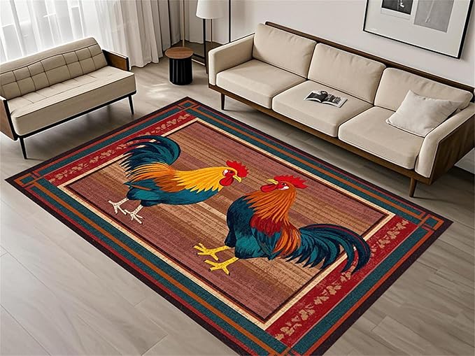 Rustic Rooster Area Rug，5x7ft,The Colorful Rooster Rug in A Farmhouse Style Adds Natural Vitality to Your Home，Soft and Comfortable Easy to Clean Carpet Suitable for Living Room Bedroom Kitchen