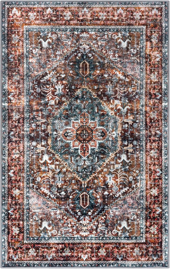 KOZYFLY Boho Area Rug 5x7 Ft Thin Rugs for Living Room Washable Bedroom Rug Non Slip Rugs Printed Faux Wool Vintage Bedroom Rug Floor Carpet for Dining Room Living Room, Brick Red/Orange/Green