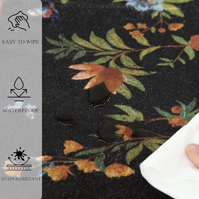 Black Area Rug 3x5 Washable, Non-Slip Small Rug Carpet, Floral Boho Low Pile Soft Throw Rugs for Entryway, Bedroom, Kids Room, Dorm, Office, Nursery, Vintage Home Decor