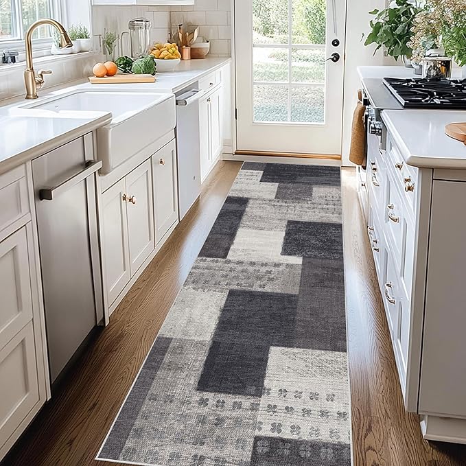Modern Geometric Patchwork Indoor Runner Rug for Living Room, Charcoal 2.7'x 10' Rug Rockwood Collection Hardwood Floors Decor for Bedroom, Grey Throw Carpet for Office Entryway Dining Room