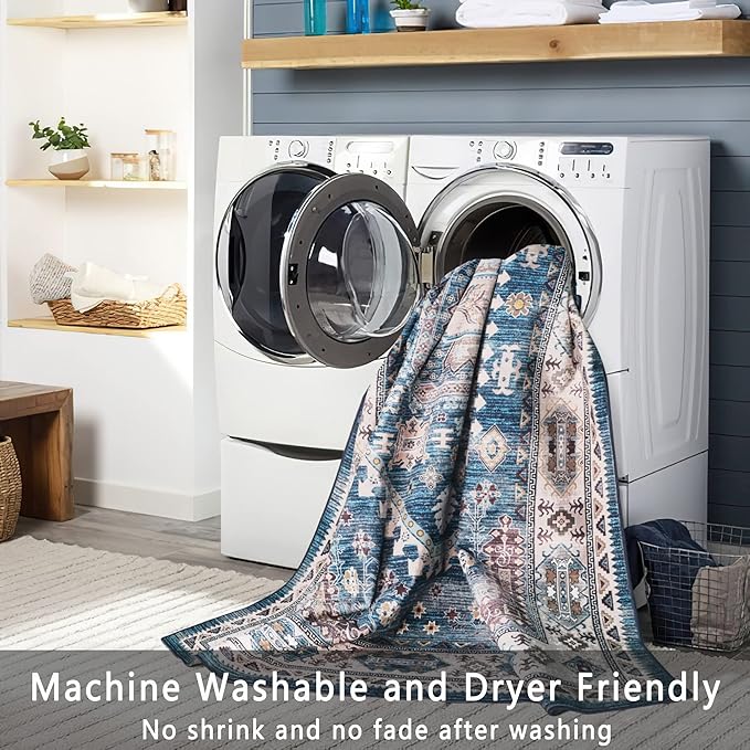 vivorug Blue Runner Rug 2'x7' Vintage Washable Non-Slip Runners for Hallways Kitchen Entryway Laundry Room Carpet Hallway Runner