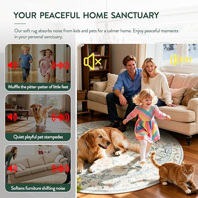Lahome Circle Rug 6ft Beige Floral, Gentle Blossom Print Nursery Round Rug, Machine Washable Kids Carpet for Bedroom, Non-Slip Circular Mat for a Cozy Retreat Nook Decor