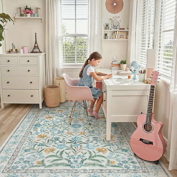 Lahome Light Blue Bedroom Rug 8x10 Under Bed, Boho Washable Rugs for Living Room Nursery, Soft Wool Vintage Low Pile Carpet for Dining Room Girls