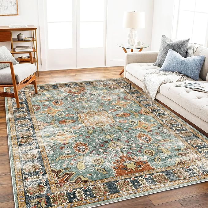 Area Rug 8'x10' Washable Rug Vintage Traditional Mat Distressed Indoor Foldable Thin Retro Accent Floral Print Non Slip Carpet for Living Room Dining Room Office