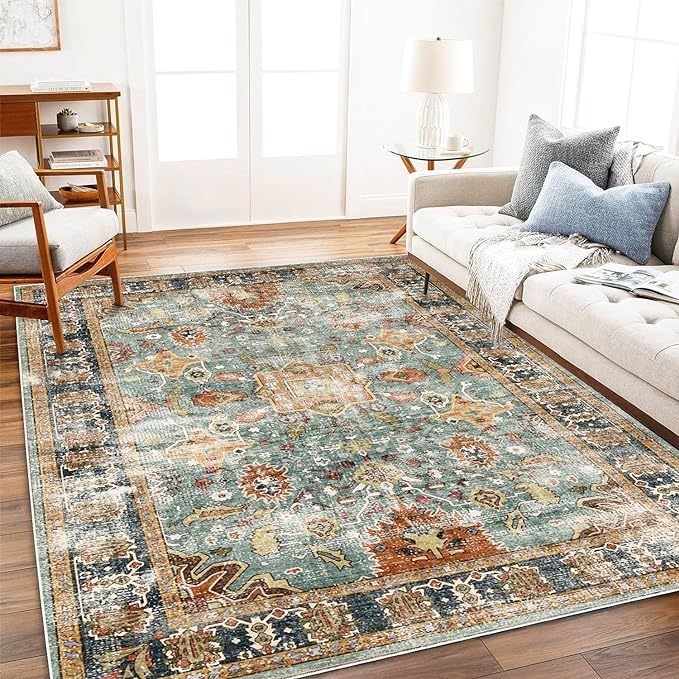 Area Rug 3'x5' Washable Vintage Traditional Floor Rugs Cover Foldable Thin Retro Accent Indoor Distressed Non Slip Carpet Floral Print Mat Bedroom Living Room Bathroom