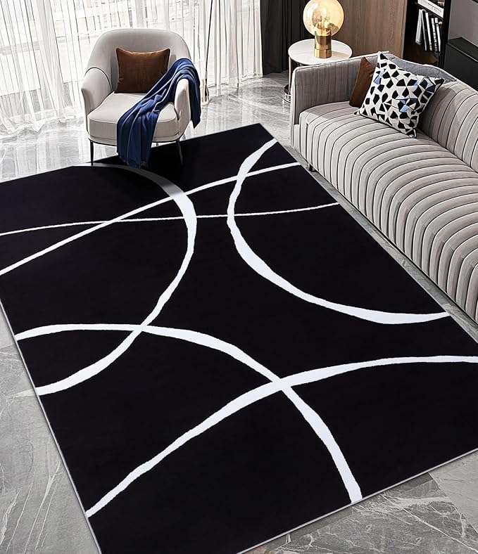 YIHOUSE Modern Washable Area Rug for Living Room Bedroom - Large Abstract Black and White Rug Non-Slip Ultra-Thin Home Decor (Dark Curve, 6'x9'ft)