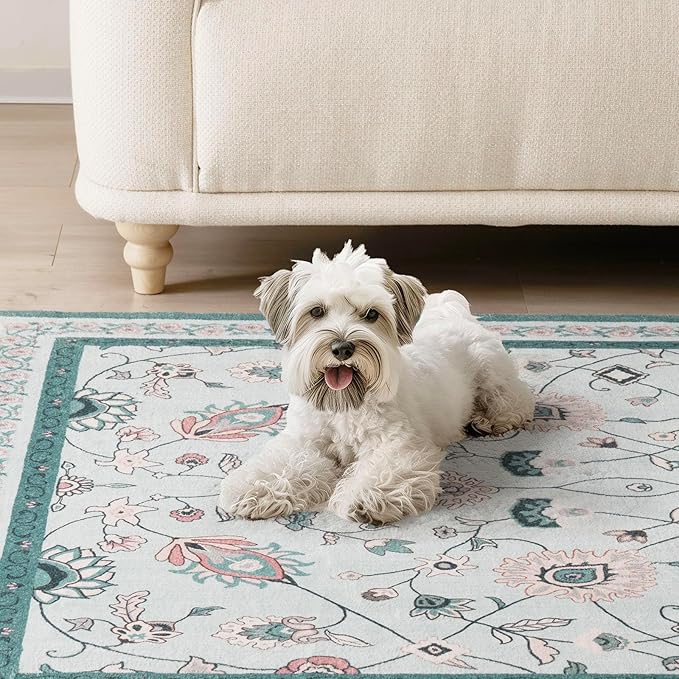EVERGRACE Area Rugs for Living Room 5x7, Boho Floral Faux Wool Indoor Outdoor Rugs, Washable Rugs for Bedroom Dining Room Entryway Kitchen, Low Pile Floor Mat Carpet for Home Decor, Pale Blue