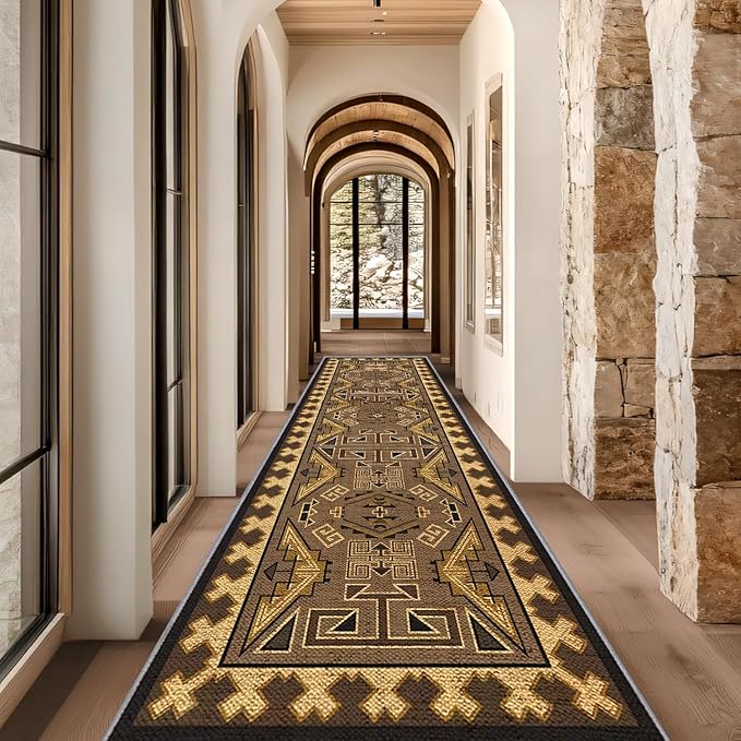 Brown Geometric Runner Rug, 3x10ft Hallway Runner Washable Rug, Corridor & Foyer High-Traffic Rugs, Indoor Durable Non-Slip Mat, Vintage Southwestern Decorative Home Carpet