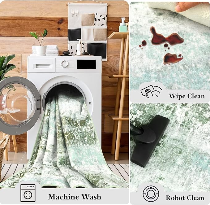 Washable Abstract Rug, 3x5 Modern Area Rugs with Non-Slip Rubber Backed for Bedroom, Thin but Soft Contemporary Carpet Kitchen Living Room Decor, Green