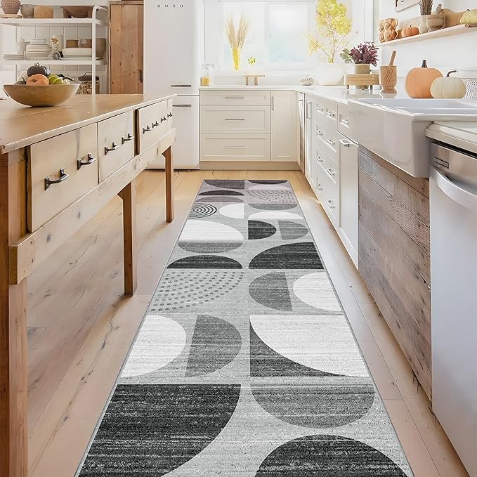 MUJOO Runner Rug Washable,2x8 Area Rugs for Hallways Kitchen Bedroom Entryway Bathroom,Non Slip Carpet Long Mat Indoor,Boho Soft Modern Abstract Black and Grey