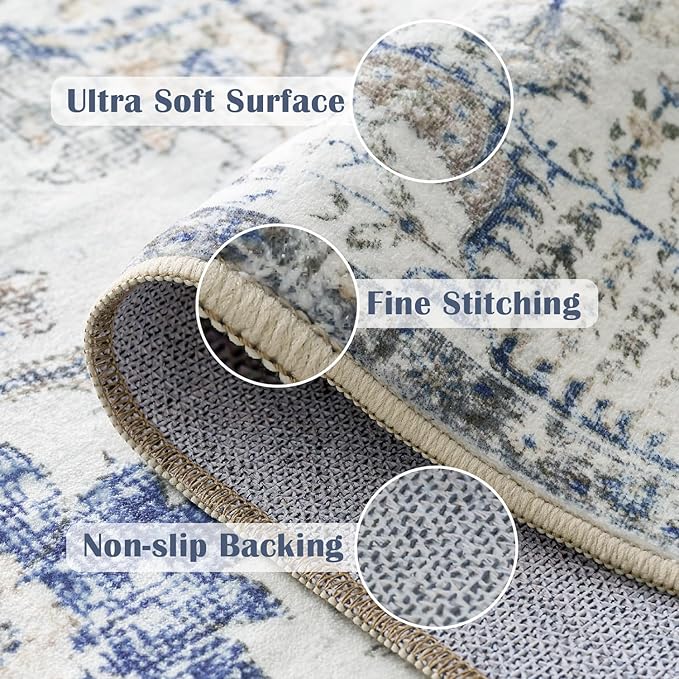 jinchan Kalen Runner Rug 2x7 Washable Area Rug Soft Vintage Hallway Indoor Floor Mat Thin Retro Distressed Carpet Blue Floral Country Non Slip Bathroom Kitchen Bedroom Living Room
