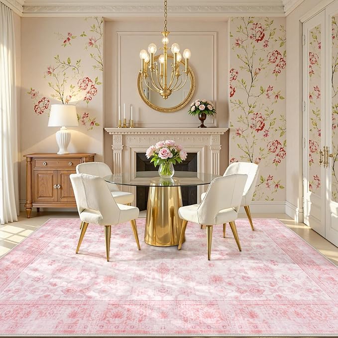 LIVEBOX 8x10 Pink Area Rug for Living Room, Vintage Soft Washable Bedroom Area Rugs, Non-Slip Foldable Floral Rug, Indoor Carpet for Dining Room Nursery Dorm Home Decor