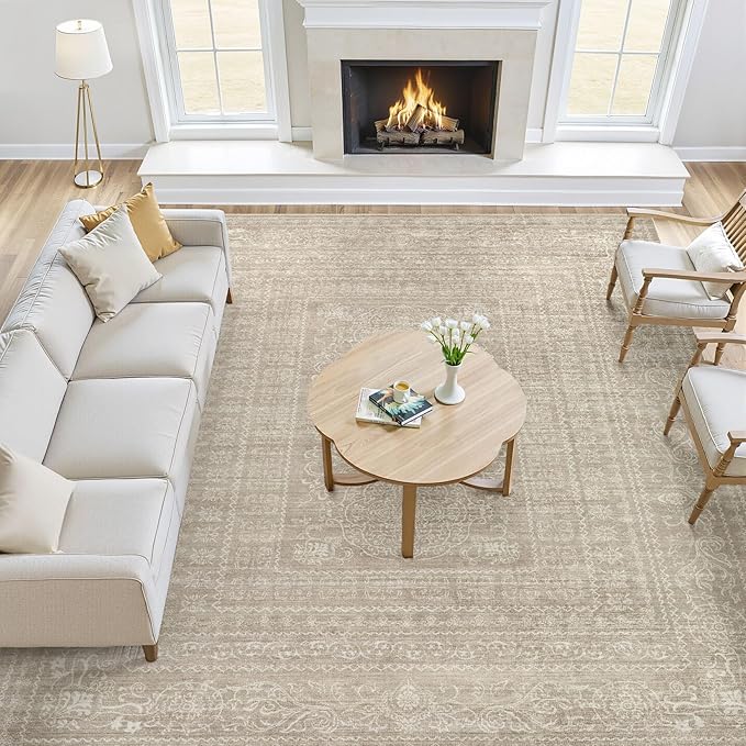 10x12 Area Rug Living Room: Washable Large Vintage Rug Neutral Non-Slip Soft Stain Resistant Indoor Carpet for Bedroom Nursery Dining Room Under Table Bed Home House Office Playroom - Brown