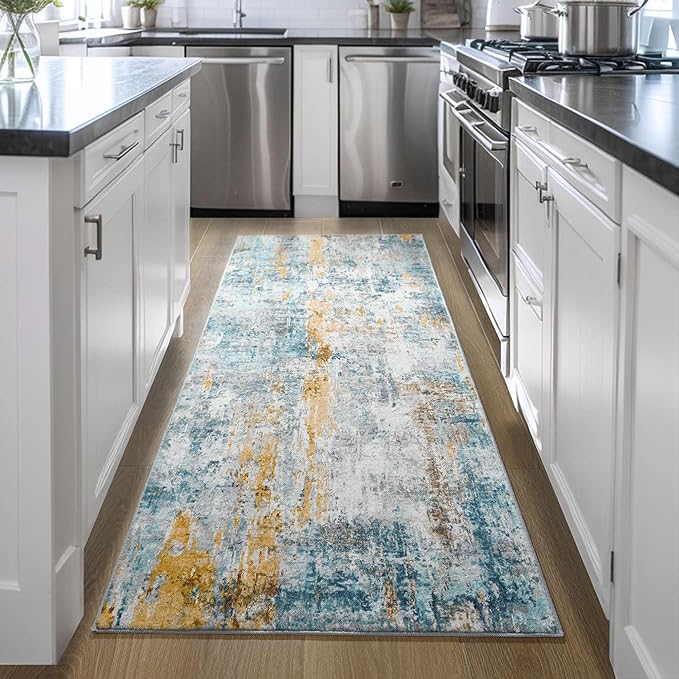 Runner Rug for Kitchen Hallways Runner Rug Non Slip 2'6''x8' Washable Blue Long Runner Rugs with Rubber Backing Soft Abstract Carpet Runner for Entryway, Kitchen, Bedroom, Bathroom