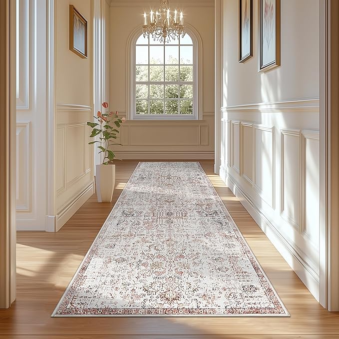 jinchan Runner Rug 3x8 Washable Hallway Rug Vintage Indoor Thin Retro Floor Cover Distressed Floral Country Lightweight Non Slip Carpet for Entryway Bathroom Kitchen Bedroom Living Room Stairway Red