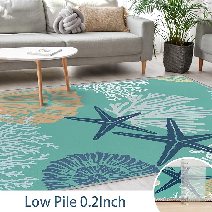 Tritard Coastal Area Rugs Nautical Beach Themed Non-Slip Machine Washable Rugs Modern Floor Carpet for Living Room Bedroom, 5x7, Teal and Turquoise