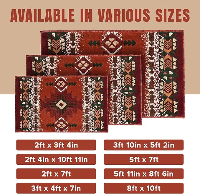 YHSF South West Native American Area Rug C318 - Easy Clean, Thick, Soft, Durable Native Tribal American Indian Inspired Rug for Bedroom/Living Room and More - Rust, 8 Feet x 10 Feet