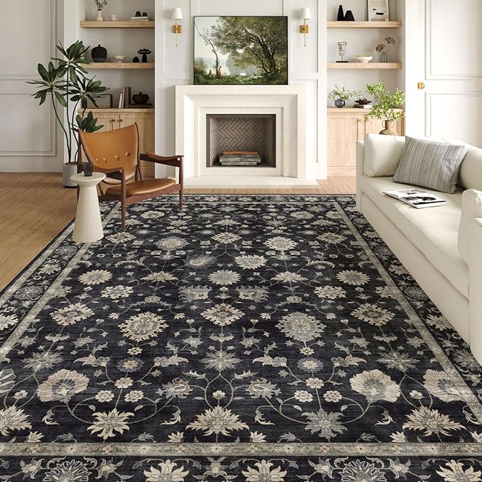Area Rugs 10x14 Living Room - Large Washable Charcoal Black Boho Rugs for Bedroom Soft Vintage Farmhouse Rug Ultra-Thin Traditional Floral Carpet Moody Rug for Dining Room Guest Room Home Decor