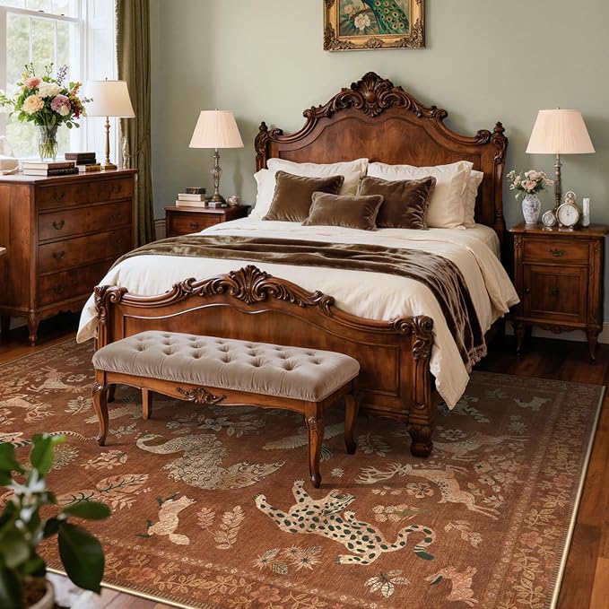 Moynesa Orange 8x10 Living Room Rugs, Vintage Peacock Floral Washable Area Rugs for Bedroom Dining Room Office Study, Low Pile Soft Non-Slip Easy Care Carpets for Fall Winter Home Decor