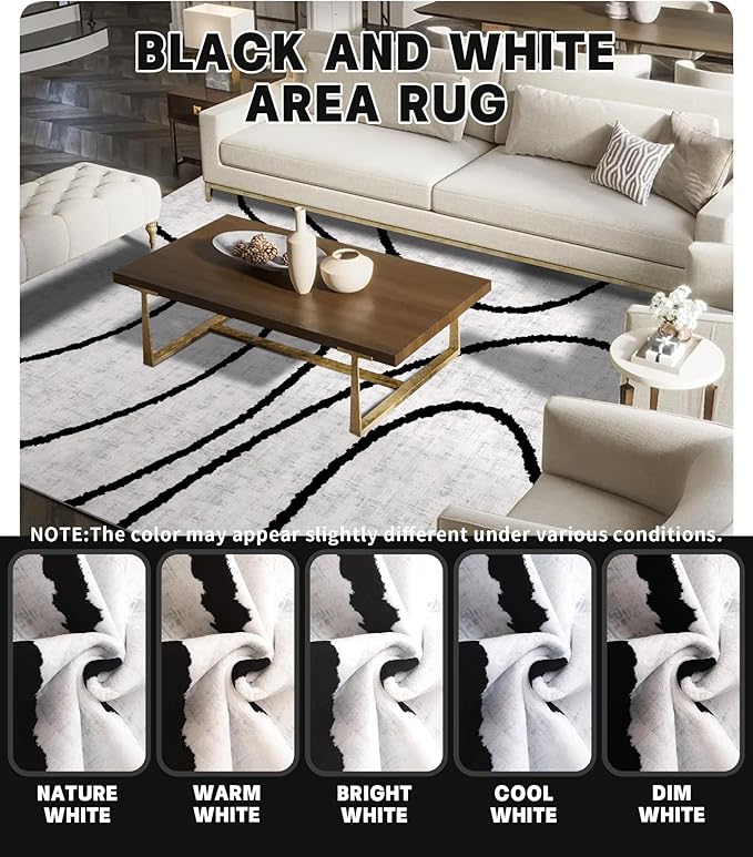 YIHOUSE Black Modern Area Rug 6x9,Abstract Rugs for Bedroom,Black and White Geometric Rug,Minimalist Striped Rug,Dark Washable Area Rugs 5x7 Non Slip Rugs for Living Room，Office