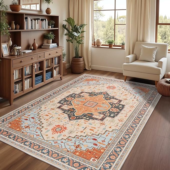 6x9 Orange Beige Area Rug for Living Room, Machine Washable Rugs with Non-Slip Backing for Bedroom, Vintage Medallion Carpet Dining Room Office Kids Room Decor