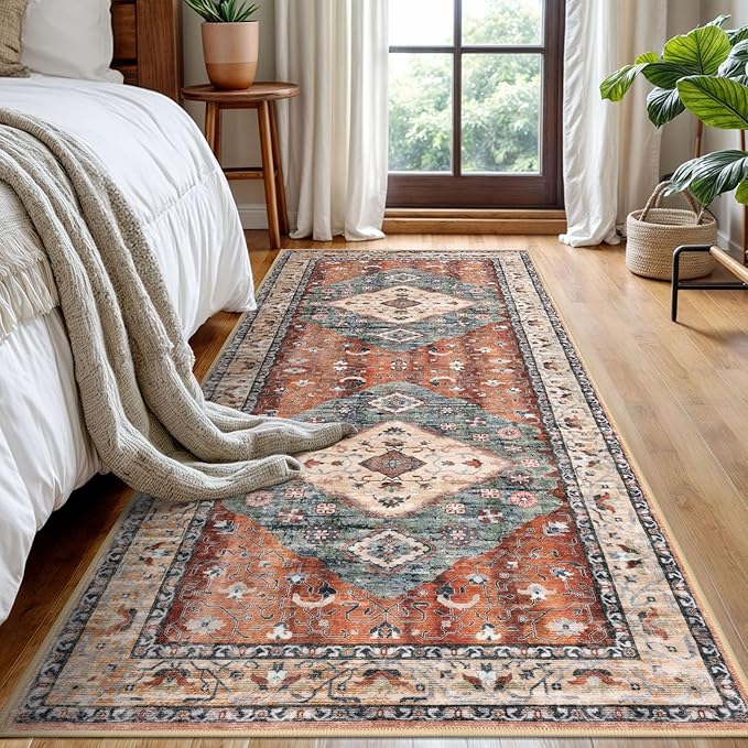 KOZYFLY Runners for Hallways 3x8 Ft Washable Kitchen Runner Rug Boho Runner Rug for Entryway Indoor Rust/Orange/Blue Printed Oriental Faux Wool Floor Carpet Runner for Bedroom Kitchen Hall