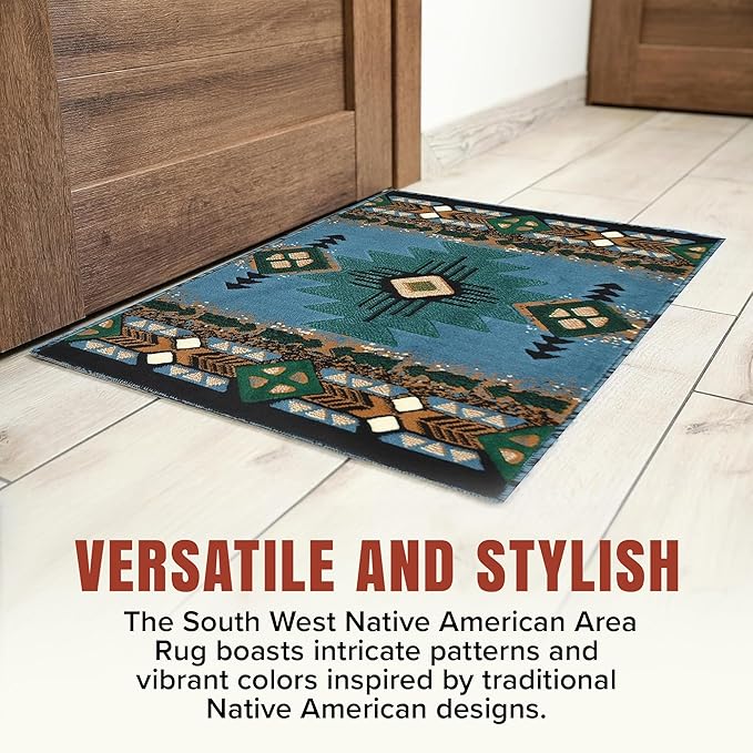 YHSF South West Native American Area Rug C318 - Easy Clean, Thick, Soft, Durable Native Tribal American Indian Inspired Rug for Bedroom/Living Room and More - Blue-Green, 3 Feet x 4 Feet 7 Inches