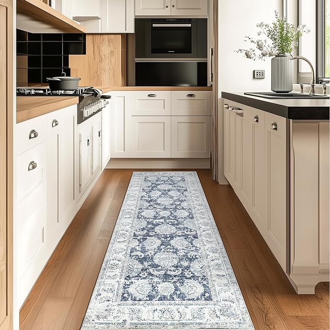 jinchan Fiora Long Hallway Runner Rug 2x12 Machine Washable Runner Rug Dark Blue Vintage Floral Design Non-Slip Ultra-Thin for Kitchen Laundry Room Bedroom Farmhouse (2‘x12', Dark Blue)