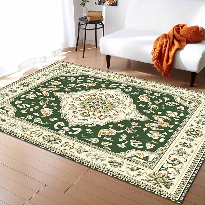 Green Bohemian Rectangular Area Rugs for Living Room Bedroom 3 x 5 ft Vintage Farmhouse Floral Pattern Non-Shedding Soft Low Pile Rug Non Slip Washable Rug for Nursery Entryway Playroom