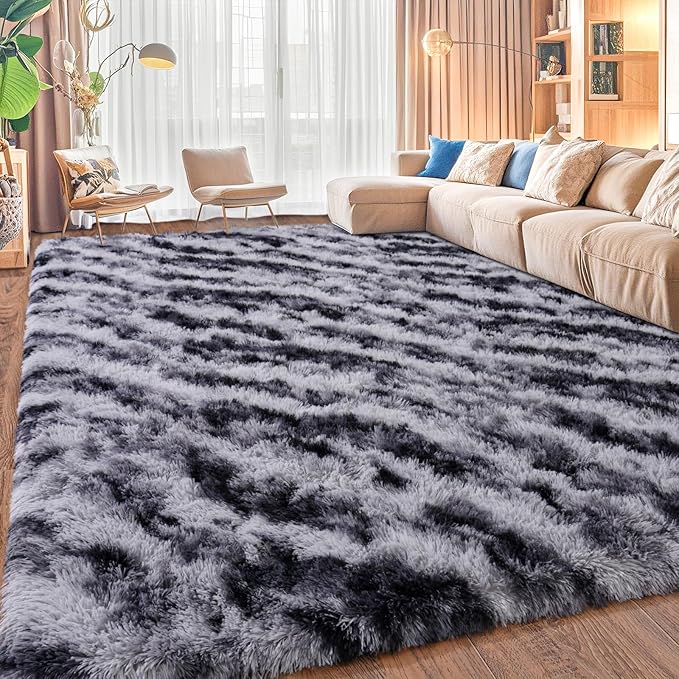 Large Shaggy Modern Shag Area Rug for Bedroom, Upgrade Non-Slip Plush Fluffy Carpet for Kids Room Home Decor, Plush Area Rug Tie Dye Stripes 9x12Ft