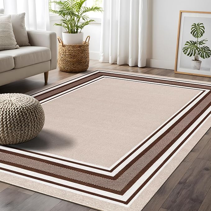 Beverly Rug Non Slip Area Rugs 5x7 Modern Bordered Non Skid Rubber Backing Soft Area Rug for Living Dining Room Easy to Clean Non Shedding Kitchen Bedroom Indoor Carpet 5 x 7 Beige-Brown