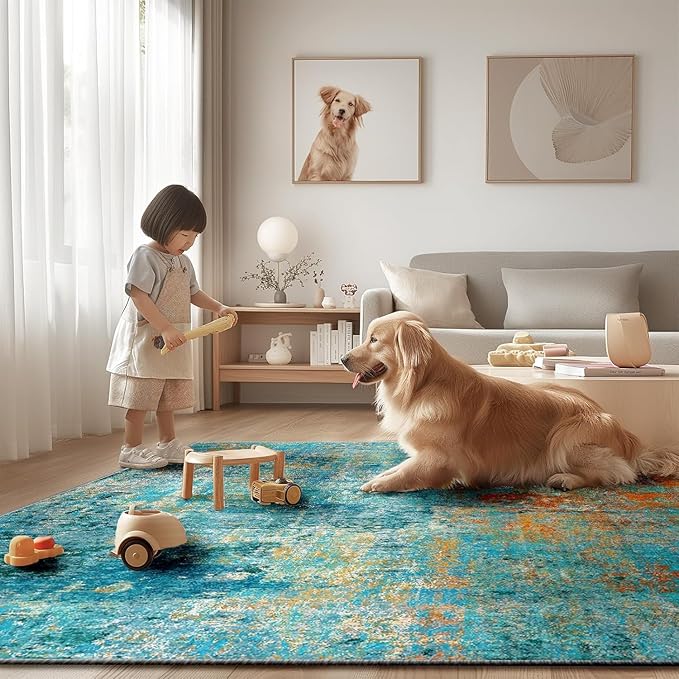 Washable Area Rugs 2'x6' Non-Slip Modern Abstract Soft for Living Room Entryway Bedroom Nursery, Print Pattern, Teal Blue Green Orange Rust Red Coloreful