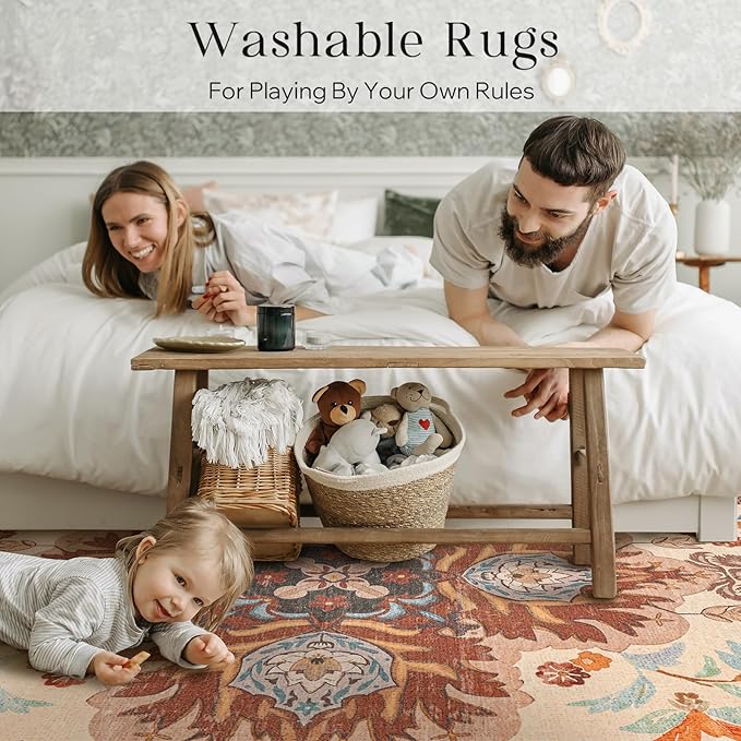 Phantoscope Washable Area Rug 6'x9' Non-Slip, Vintage Boho Rugs for Living Room, Bedroom, Dining Room, Fall Orange Floral Medallion Pattern, Low-Pile Foldable Floor Carpet, Rust/Multi Floral